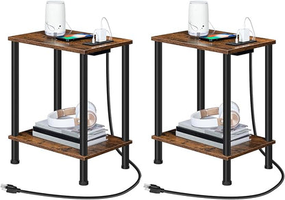 HOOBRO Side Table with Charging Station, Set of 2 End Tables with USB Port and Outlets, Nightstand with 2-Layer Storage Shelves for Small Spaces, Living Room, Bedroom, Rustic Brown BF09UBZP201