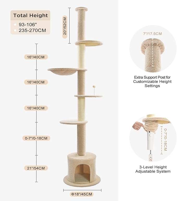Made4Pets Floor to Ceiling Cat Tree 93-106'',Tall Cat Tower 5 Tiers, Adjustable Height, Stable Cat Tree Tower with Scratching Posts, Fluffy Condo, Hammock and Ball Toy for Indoor Cats/Kitten, Beige-Mewly Pet