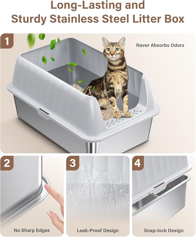 Cat Litter Box Stainless Steel XL with Lid, Enclosed Metal Extra Large Litter Box Pan High Sided with Scoop for Big Cats, Non-Sticky, Anti-Urine Leakage, Easy Cleaning-Mewly Pet