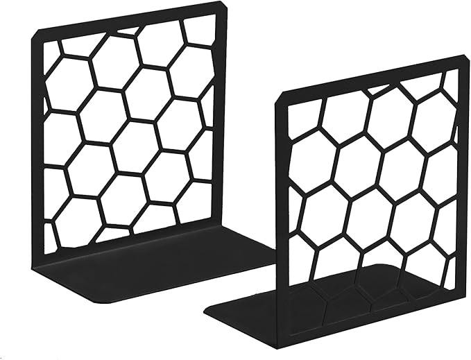GEOMOD Geometric Honeycomb Black Metal Bookends Decorative - Tall Sturdy Book Ends for Shelves - Modern Heavy Duty Bookend Stopper - Office or Home Book Shelf Book Holder - 6x3.25x6.25 Inches - 1 Pair