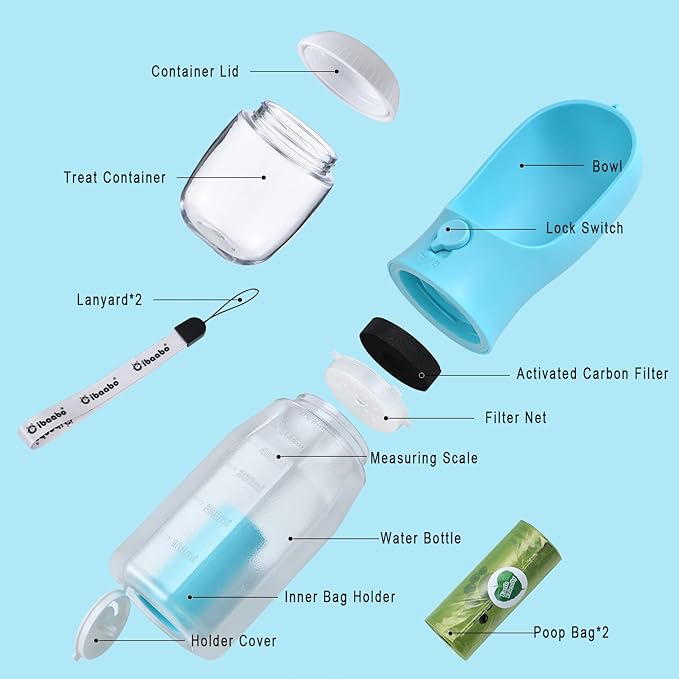Dog Water Bottle with Food Container & Poop Bag Holder, Travel Water Bowl, Portable Pet Dispenser, Dog Stuff Accessories Items, Puppy Essentials Necessities for Yorkie Chihuahua Walking Hiking-Mewly Pet