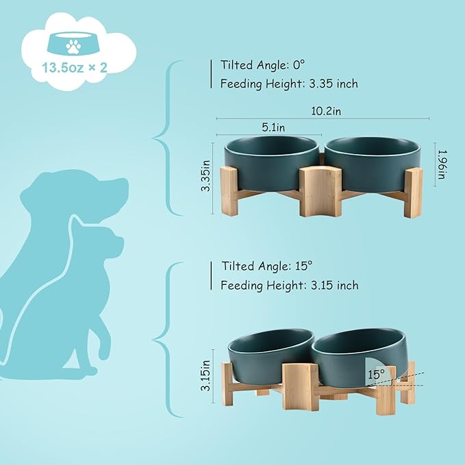SPUNKYJUNKY 15° Slanted Ceramic Dog and Cat Bowl with Wooden Stand, Tilted Bulldog Food and Water Bowl No Slip Non-Spill for Cats Medium Dogs Big Face Pets 13.5 OZ (1.7 Cups, Green × 2)-Mewly Pet
