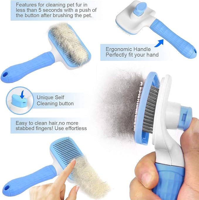 Self Cleaning Slicker Brush,Dog Brush & Cat Brush with Massage Particles,Removes Loose hair & Tangles,Skin Friendly & Promote Circulation-Blue 1-Mewly Pet