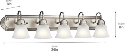 Kichler 36" 5-Light Vanity Bath Light in Brushed Nickel, Modern Bathroom Light with Clear Satin Etched Glass, (36" W x 8" H), 5339NIS