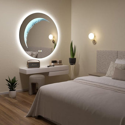 30'' Circle LED Mirror, Frameless Round Smart Mirror with Backlit & Half Moon Light, Anti-Fog, 3 Color Modes, Dimmable Wall-Mounted LED Vanity Mirrors for Bathroom, Bedroom, Entryway
