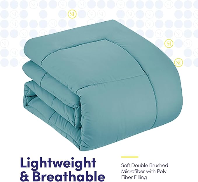 Sweet Home Collection 7 Piece Comforter Set Bag Solid Color All Season Soft Down Alternative Blanket & Luxurious Microfiber Bed Sheets, Misty Blue, Queen