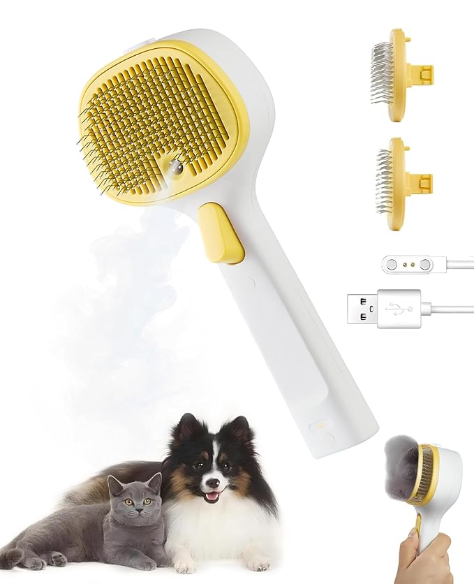 FURGO 3-in-1 Pet Steam Brush for Dogs & Cats – Reduces Static, Replaceable Heads, One-Touch Hair Ejection, Dog Spray Brush for Shedding Control(Long&Short)-Mewly Pet