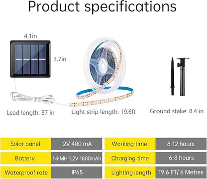2 Pack Solar LED Strip Lights Outdoor Waterproof 19.6FT 180 LED Solar Powered Rope Light Cuttable 8 Modes for Outside, Garden, Patio, Deck, Fence, Pathway, Stair, Poolside, Halloween, 6000K White