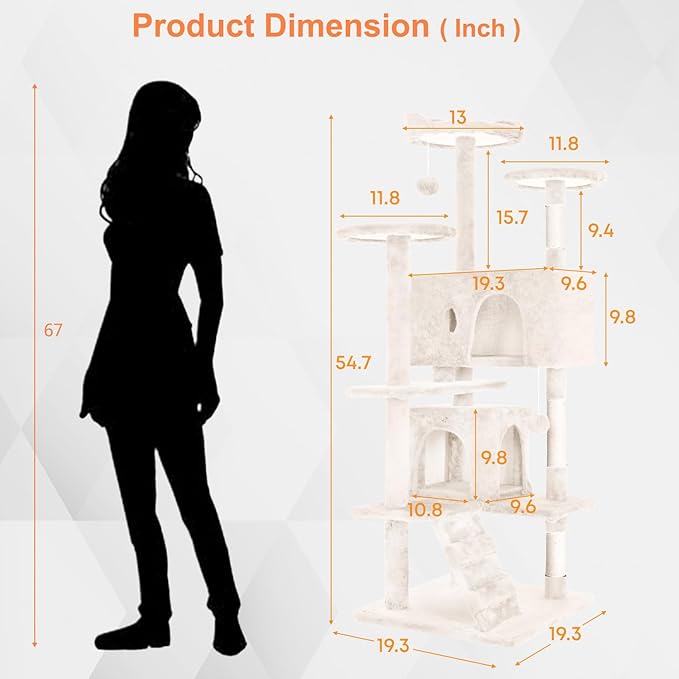 54.7 inches Cat Tower for Indoor Cats, Multi-Level Cat Condos with Scratching Posts, Hanging Toys, Beige-Mewly Pet