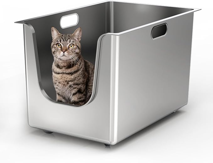 Stainless Steel Litter Box 13.7'' High Sides, XL Metal Cat Litter Box with Curved Low Entry, Cat Litter Pan for Big & Multiple Cats, Pet Toliet with Handy Wheels for Easy Moving-Mewly Pet