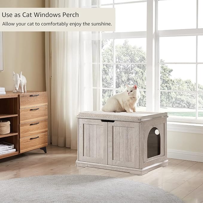 unipaws Cat Litter Box Enclosure Furniture, Hidden Litter Box Cover Washroom, Dog Proof Cabinet for Large Cat, Hideaway House, Weathered Grey-Mewly Pet