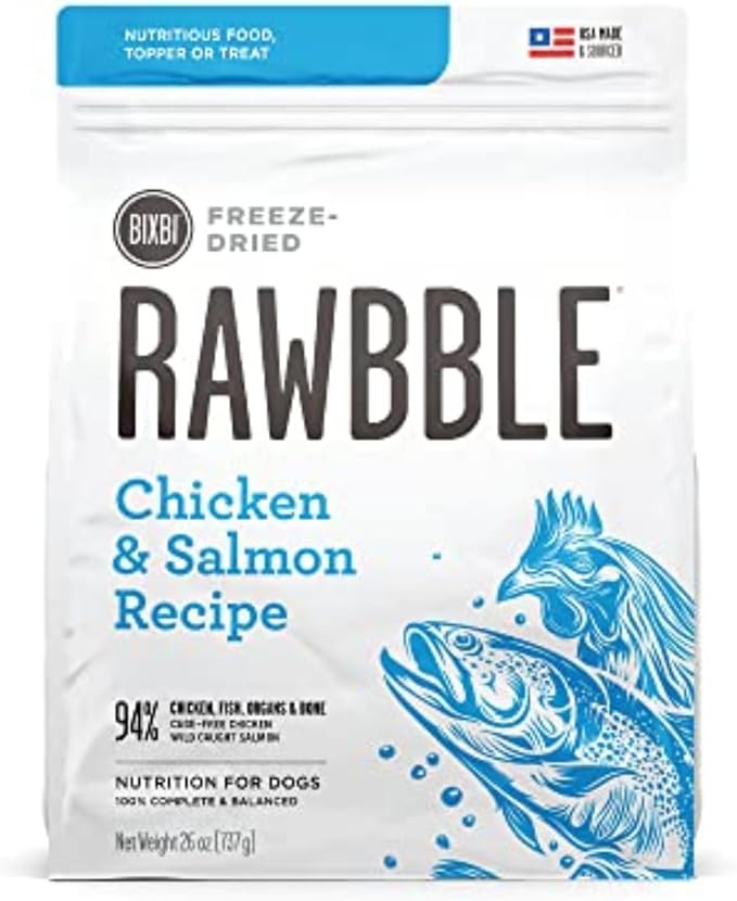 BIXBI Rawbble Freeze Dried Dog Food, Chicken & Salmon Recipe, 26 oz - 94% Meat and Organs, No Fillers - Pantry-Friendly Raw Dog Food for Meal, Treat or Food Topper - USA Made in Small Batches-Mewly Pet