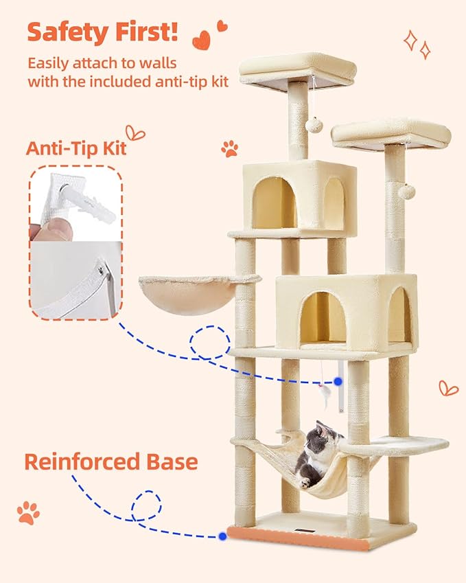 Taoqimiao Cat Tree, 66.2-Inch Cat Tower for Indoor Cats, Plush Multi-Level Cat Condo with 7 Scratching Posts, 2 Perches, 2 Caves, Hammock, 2 Pompoms, Beige MS013M-Mewly Pet