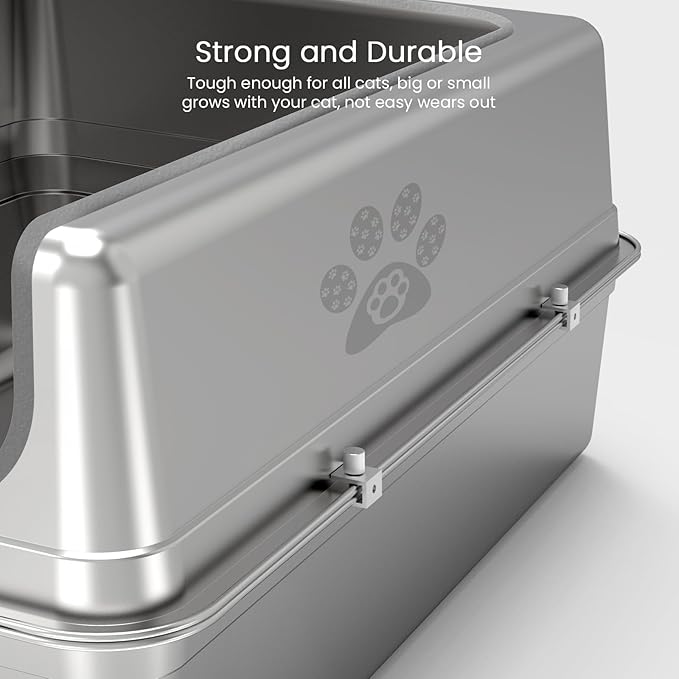 Enclosed Stainless Steel Cat Litter Box with Lid, Oversize Metal Litter Box for Multi Cats, Extra XXL Cat Toilet with High Side, Non-Stick, Anti-Leakage, Odorless, with Cat Litter Mat & Litter Scoop-Mewly Pet
