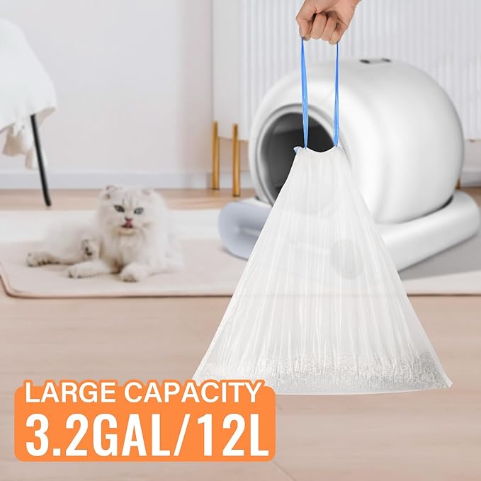 Cat Litter Bags, 80 Pieces Litter Box Liners for Automatic Cat Litter Box Self Cleaning, 4 Rolls 18 x 18 inches Robot Drawstring Bags, White-Mewly Pet