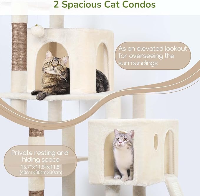Globlazer Heavy Duty Cat Tree Tower, 70inch Sturdy Cat Tree for Indoor Cats Sturdy Large Cat Tower with Scratching Post and Scratching Board, Hammock, Cat Condo for Adult Cats Kittens, F70 Pro, Beige-Mewly Pet
