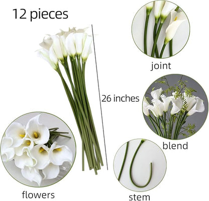 12 Piece 26" Calla Lily Artificial Flowers,Real Touch Long Stem Faux Calla Lillies for Tall Vases,Indoor Wedding Office Home Decor (White)