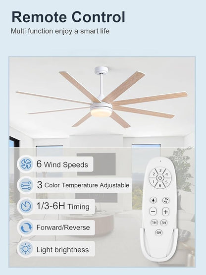 YUHAO 72 Inch White Ceiling Fan with Light and Remote Control.Noiseless,Dimmable,3CCT,6 Speeds Reversible, DC Ceiling Fans for Indoor or Covered Outdoor