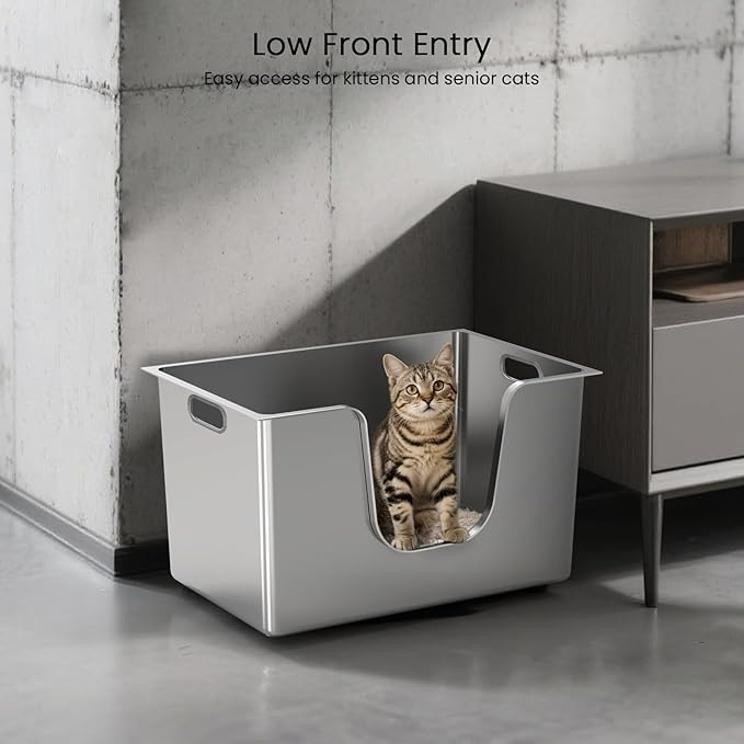 Stainless Steel Cat Litter Box 11.8” High Sides, Large Metal Litter Box with Low Entry for Big Cats, Leak-Proof Pet Toilet Kitty Litter Pan with Wheels for Mobility, Easy to Clean & Non-Stick-Mewly Pet