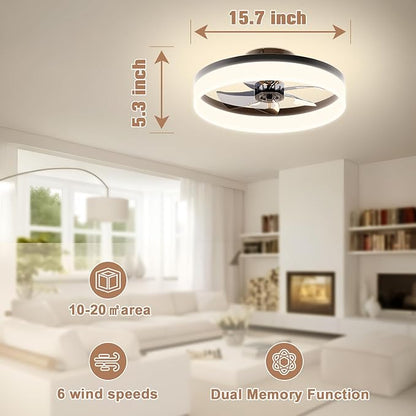 VOLISUN Low Profile Ceiling Fans with Lights and Remote,15.7in Modern Ceiling Fan Flush Mount,3000K-6500K Dimmable Bladeless LED Fan Light,Black Fandelier Ceiling Fans with Lights for Bedroom