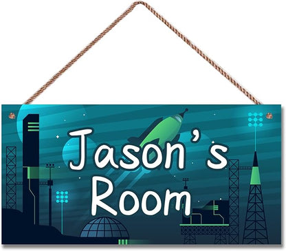 Personalized Sign Rocket Theme Wall Art Decor For Kids Room Custom Name Universe Star Door Décor For Little Man Cave, Starry Sky Nursery Art Plate For Boys Room Girls Bedroom