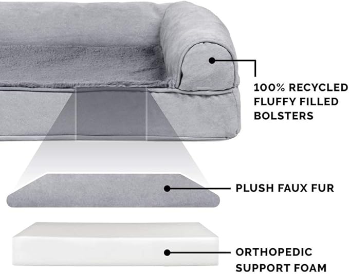 Furhaven Orthopedic Dog Bed for Large Dogs w/ Removable Bolsters & Washable Cover, For Dogs Up to 125 lbs - Plush & Suede Sofa - Gray, Jumbo Plus/XXL-Mewly Pet