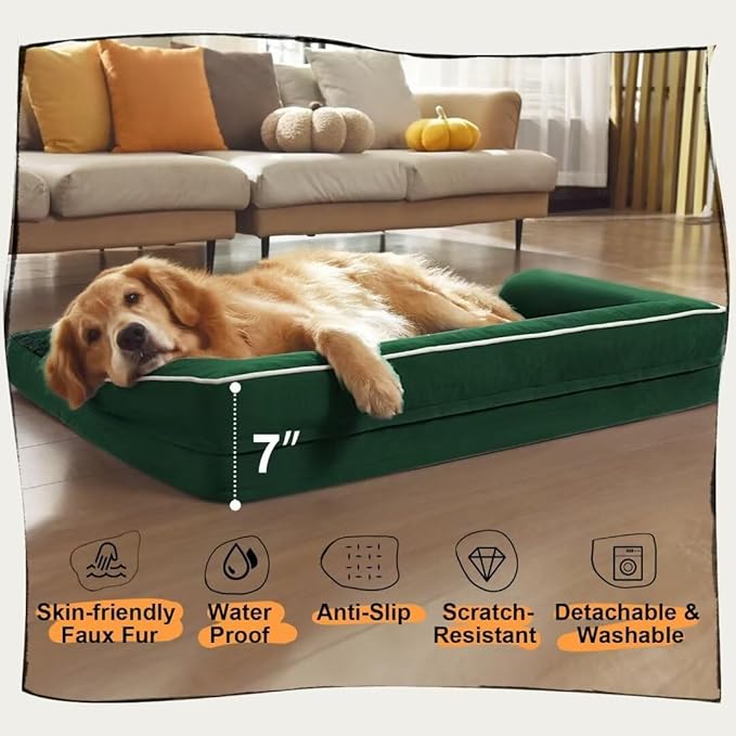 Orthopedic Large Dog Bed Washable, Orthopedic Emerald Dog Beds with Egg Foam Support, Removable, Machine Washable Plush Cover and Non-Slip Bottom for Extra Large Dogs-Mewly Pet