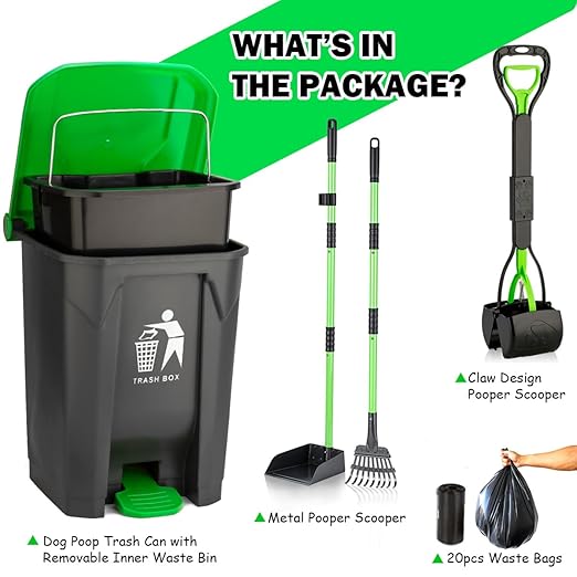 MXF Pooper Scooper Set - 28" Dog Pooper Scooper & Long Handle Stainless Metal Tray&Rake, 15 Litre Step Dog Poop Trash Can w/Removable Inner Bucket, 20 Waste Bags for Outdoors-Mewly Pet