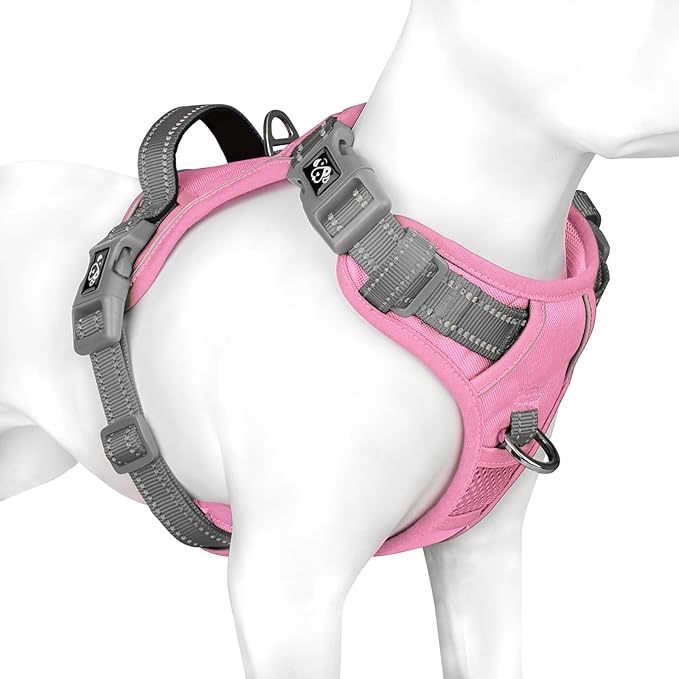 PHOEPET No Pull Dog Harness, Unique Colors Reflective Adjustable Dog Vest, with Soft Training Handle Metal Clips for Small Medium Large Dogs (Baby Pink Base & Grey Straps,S)-Mewly Pet