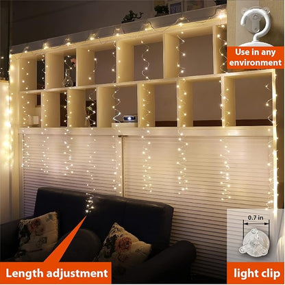 ZSJWL 300 LED Curtain Fairy Lights with Remote, 8 Modes 9.8 × 9.8 Ft Curtain String Light USB Plug in, Twinkle Copper Wire Lights for Bedroom Window Chrismas Wedding Party, Warm White