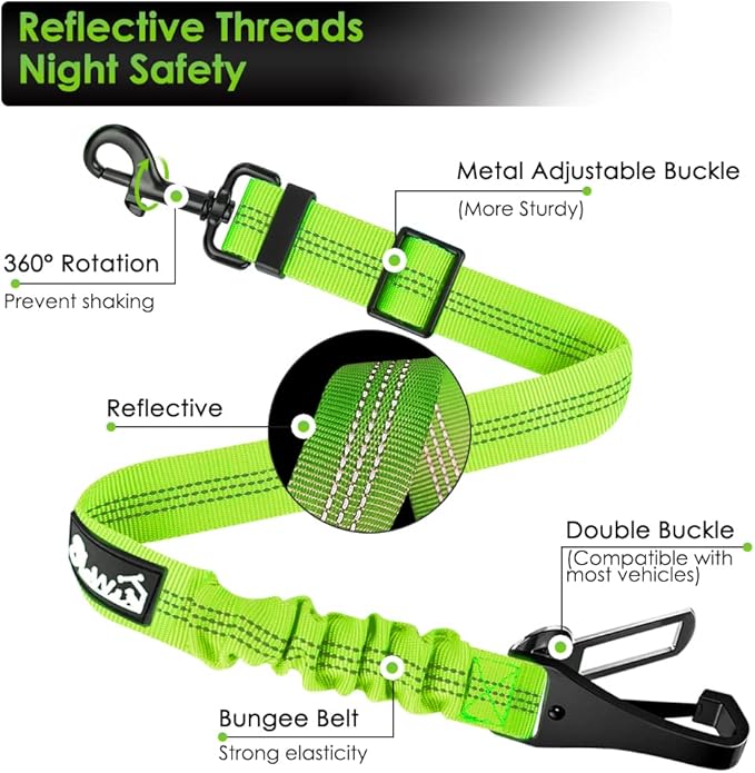 SlowTon Dog Seat Belt, Adjustable Dog Safety Belt Leash, 2 in 1 Latch Bar Attachment Dog Car Seatbelt with Elastic Nylon Bungee Buffer, Reflective Nylon Belt Tether (Lime)-Mewly Pet