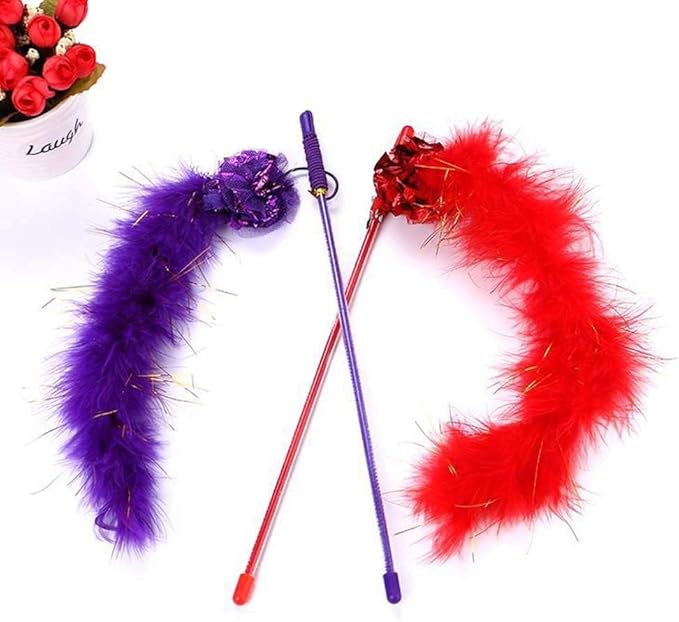 Purple Cat Teasing Stick Toy - Interactive Stick with Sparkly Feather Boa & Crinkle Ball for Indoor Cat Training & Fun-Mewly Pet