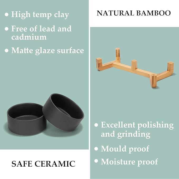 SPUNKYJUNKY Ceramic Dog and Cat Bowl Set with Wooden Stand, Modern Cute Weighted Food Water Set for Large Size Dogs (7.6 Cups, 2 × Black)-Mewly Pet