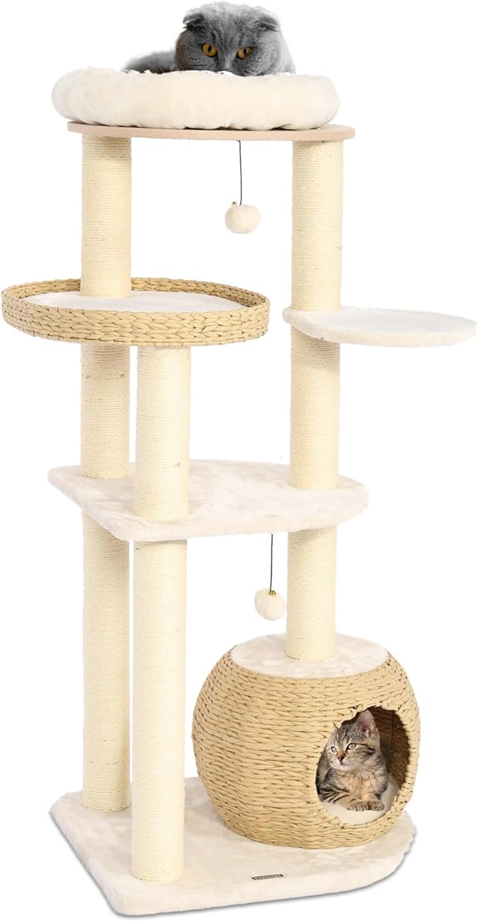 KAMABOKO Modern Cat Tree, 53" Cat Tower for Indoor Cats Natural Sisal Scratching Posts, Hand-Woven Condo & Top Perch, Cat Tree Tower for Kittens Climb Play & Rest-Mewly Pet