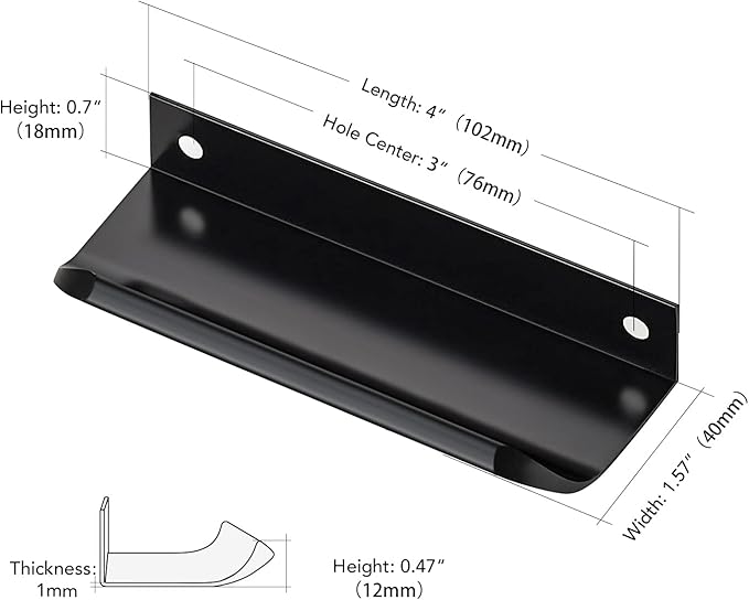 Ravinte Hardware 12 Pack Black Cabinet Handles, 4 Inch (102mm) Finger Edge Pulls, 3 Inch Hole Center, Finger Pulls for Cabinets
