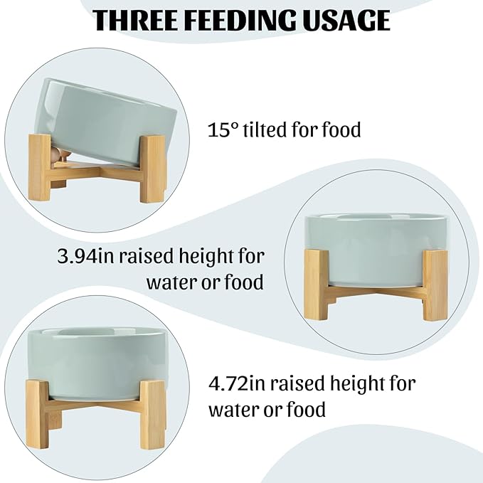 SPUNKYJUNKY 15° Slanted Ceramic Dog and Cat Bowl with Wooden Stand, Tilted Bulldog Food and Water Bowl No Slip Non-Spill for Cats Medium Dogs Big Face Pets 28.7 OZ (3.6 Cups, Morandi Green)-Mewly Pet