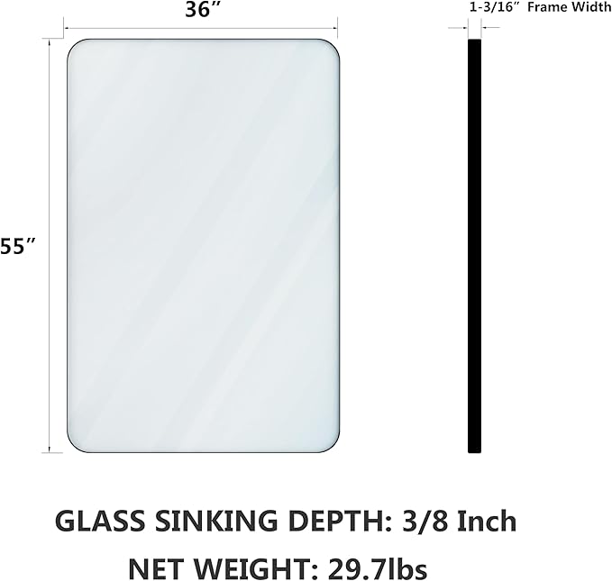 VocalStar 55 x 36 Inch Black Bathroom Mirror for Wall, Large Rounded Rectangle Metal Framed Bathroom Wall Vanity Mirror Farmhouse, 1/4-inch Shatterproof Glass | Ultra-Flush Hanging