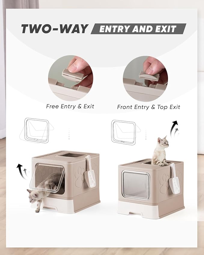 Enclosed Cat Litter Box, Large Litter Box for Big Cats, Covered Kitty Litter Boxes with Lid, Top Entry Cat Box Enclosure with Scoop, Odor Control, Easy to Clean(Coffee)-Mewly Pet