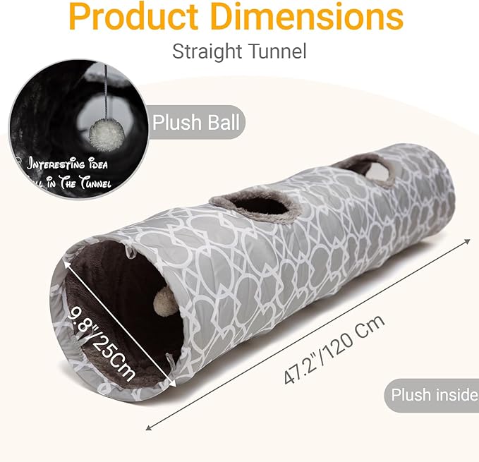LUCKITTY Geometric Straight Cat Tunnel with Plush Inside,Cats Toys Collapsible Tunnel Tube with Balls, for Rabbits, Kittens, Ferrets,Puppy, Diameter 9.8 Inch-Mewly Pet