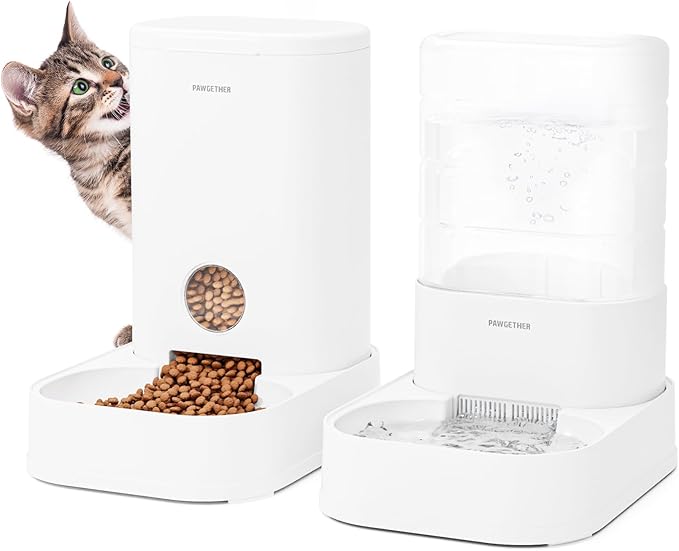 PAWGETHER® 2 Pack Gravity Cat Feeder and Water Dispenser 1 Gallon/3.5L Automatic Cat and Dog Feeder and Waterer with Pet Food Bowl for Puppy Kitten-Mewly Pet