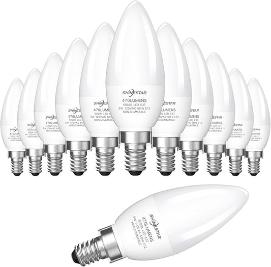 SHINESTAR 12-Pack E12 LED Candelabra Light Bulbs 40 Watt Equivalent, 5000K Daylight, Chandelier Bulb, 6W B11 Candle Small Base Ceiling Fan Light Bulbs, Non-Dimmable,12 Count (Pack of 1)