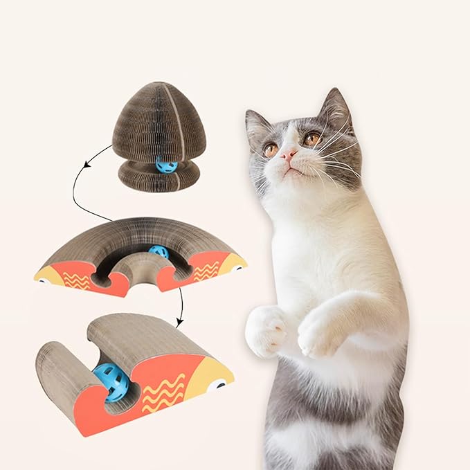 Kitty Curls Cat Toy Kurlz, Interactive Scratch Pad, Foldable Accordion,Cat Recyclable Scratcher with Ball (Orange)-Mewly Pet