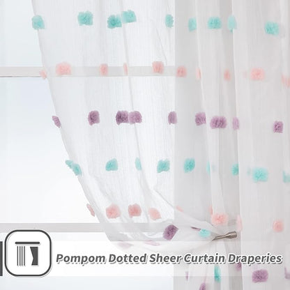 MYSKY HOME 95 Inch Curtains 2 Panels Living Room Rainbow Pom Pom Curtains for Bedroom Sliding Door Semi Sheer Boho Curtains Backdrops Dining Room Windows Drapes Rod Pocket 52 x 95 inch