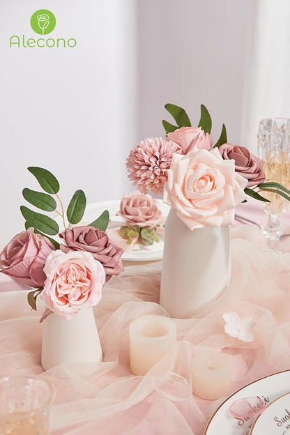 Alecono Artificial Flowers, Dusty Pink Silk Fake Flowers for DIY Wedding Bridal Bouquets, 𝙎𝙚𝙩 𝙤𝙛 𝟮, Wedding Cake Flowers for Table Centerpieces Baby Shower Birthday Party Home Decorations