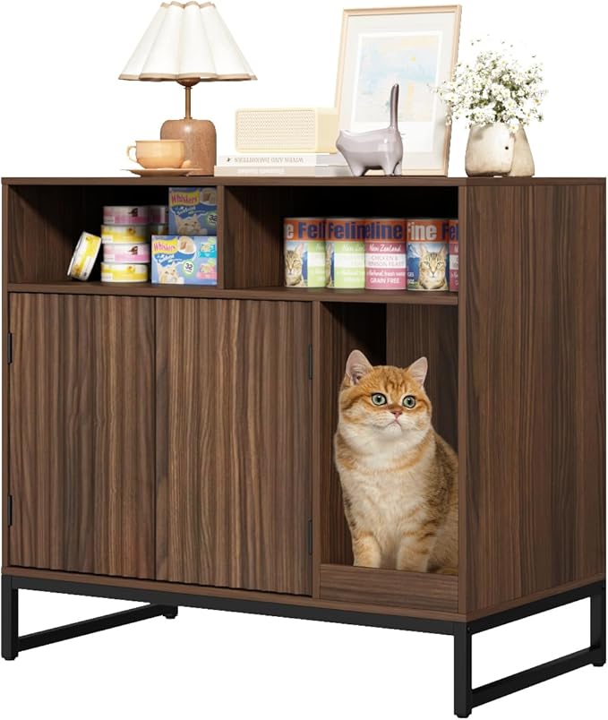 Cat Litter Box Enclosure, Large Hidden Pet Storage Cabinet Furniture with Waveform Fluted Doors & Scratching Pad, Modern Wooden Cat House Indoor for Washroom, Living Room, Bedroom, Rustic Brown-Mewly Pet