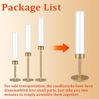 3Pcs Hurricane Glass Candle Holders Gold Candlestick Holders Taper Candle Holder with 9.8" Windproof Clear Cylinder Covers for Outdoor Indoor Tall Candle Stick Holder Decor for Wedding Party Fireplace