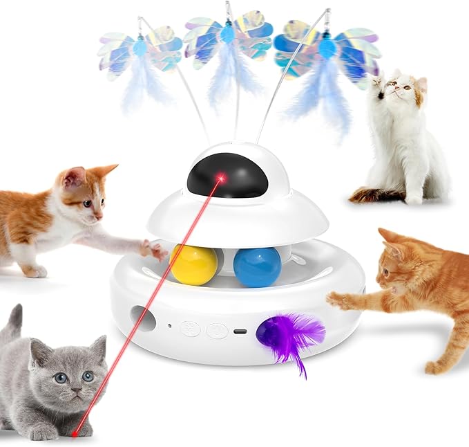Interactive Cat Toys for Indoor Cats,4-in-1 Automatic Kitten Toy,Motion Activated Electronic Fluttering Butterfly,Track Balls, Moving Feather Toys for All Breeds,USB Rechargeable-Mewly Pet