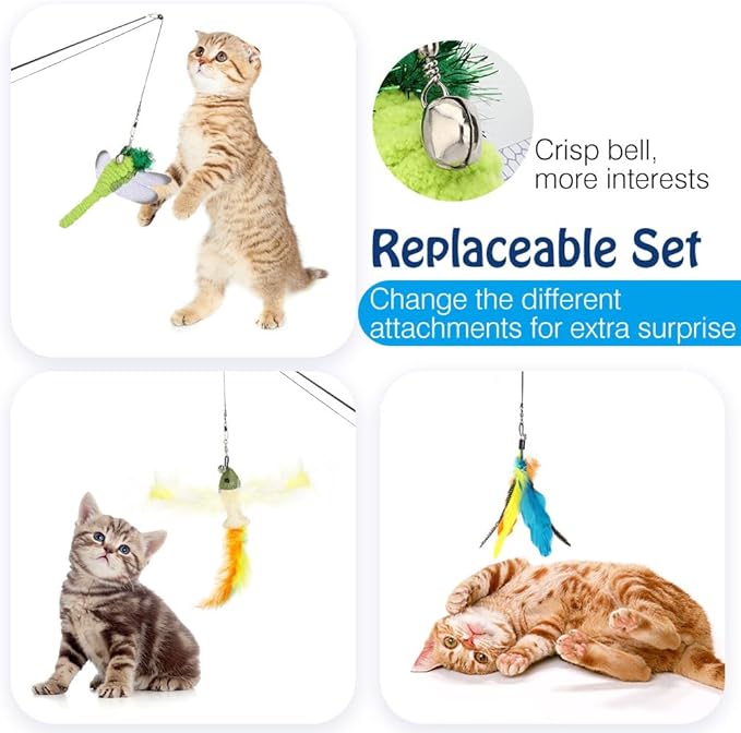Pawaboo Cat Feather Toys, 4 Pack Interactive Cat Feather Teaser Wand Toys, Retractable Fishing Pole Wand Catcher Exerciser with Refill Fish, Dragonfly Worm with Bells, Fun Kitten Kitty Toy, Colorful-Mewly Pet