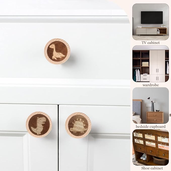 12 Pack Dinosaur Dresser Knobs 40MM/1.57" Wooden Cartoon Animal Cabinet Knob Kids Dresser Knobs Handle Drawer Knobs for Nursery