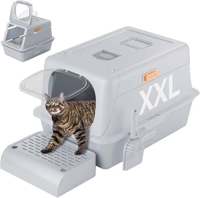 XX-Large Stainless Steel Cat Litter Box with Lid – Fully Enclosed Large Litter Box for Big Cats, Odor Control with Magnetic Door, Easy Clean, Multi-Cat Durable Metal Pan.(White-Gray)-Mewly Pet